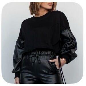 By Egreis Black Faux Leather Sleeve Top